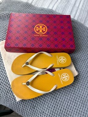 Tory Burch Mustard Yellow Flip Flops with White Straps